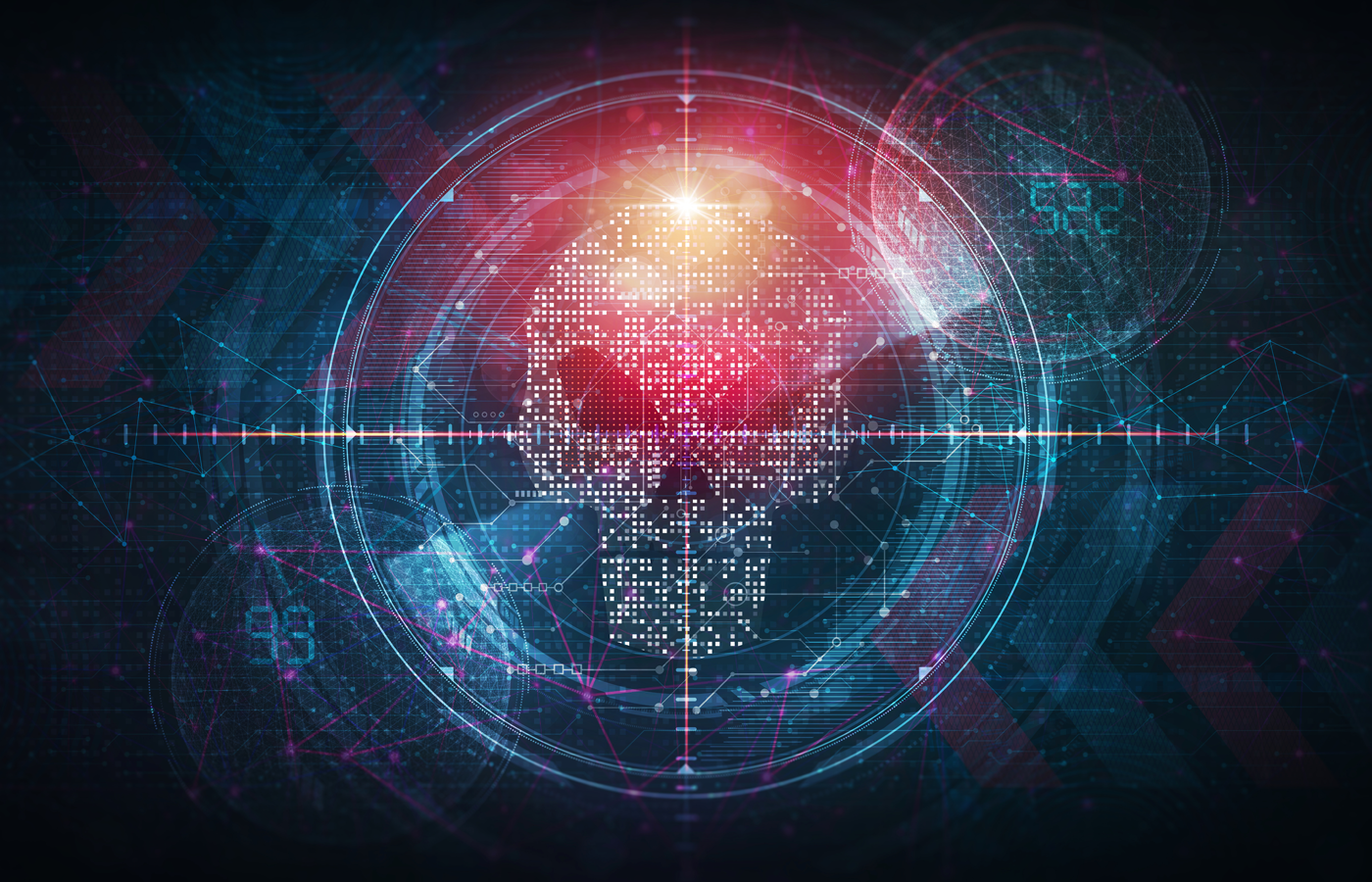 Scope target on a cluster of dots resembling a skull on a technology background.